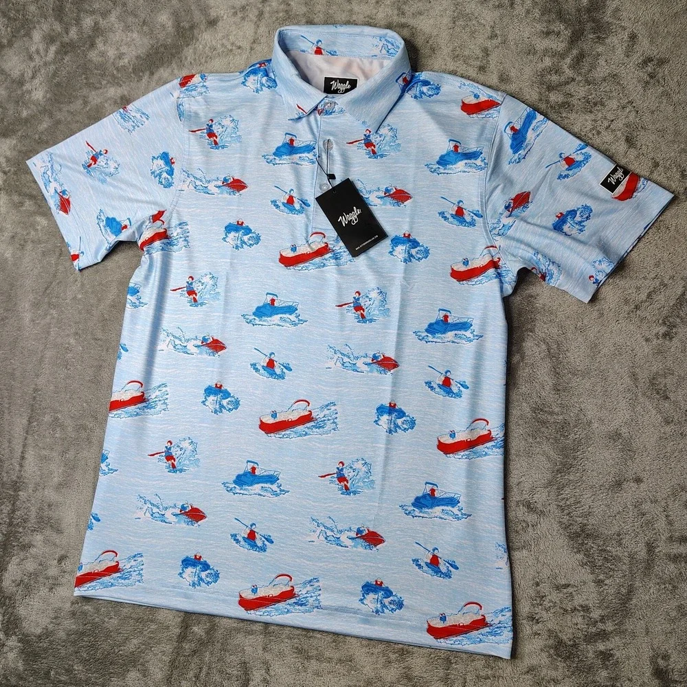 Waggle Lake Life Polo Shirt Mens 2XL Light Blue Boat Print Performance Stretch - Picture 2 of 11